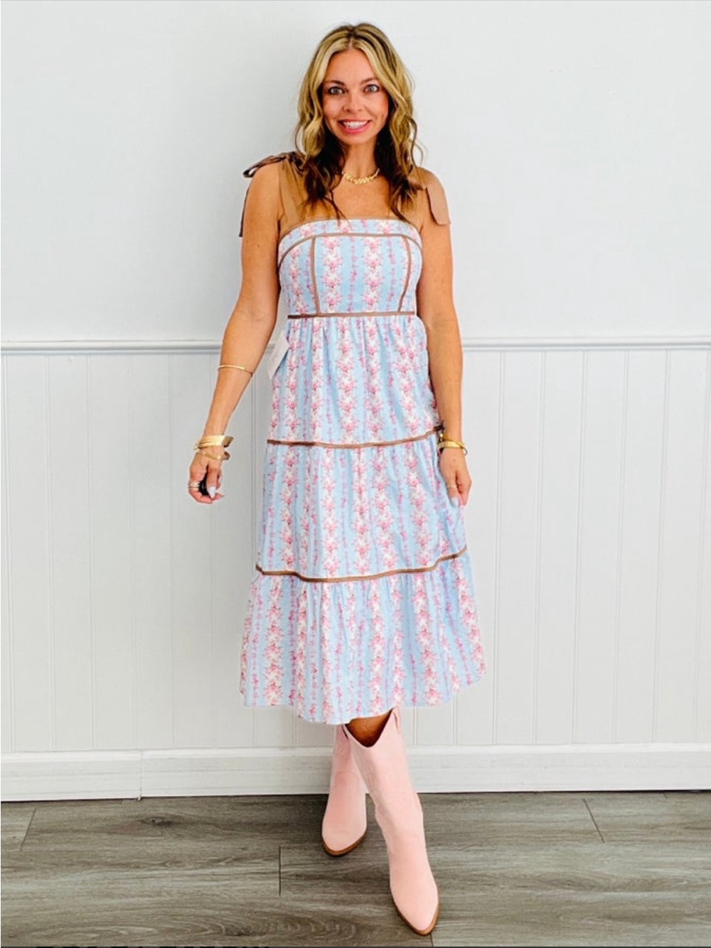 Peach Love California Blue Floral Maxi Dress with Brown Straps